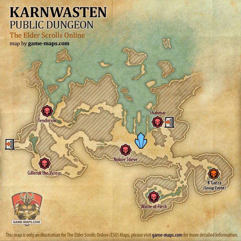 Map of Karnwasten Public Dungeon located in Summerset ESO with Skyshard and Bosses.