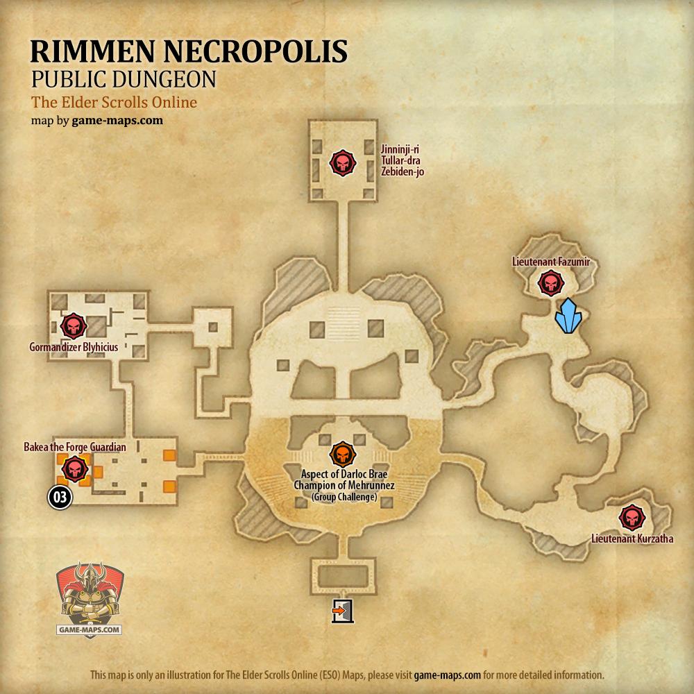 Map of Rimmen Necropolis Public Dungeon located in Northern Elsweyr ESO with Skyshard and Bosses.