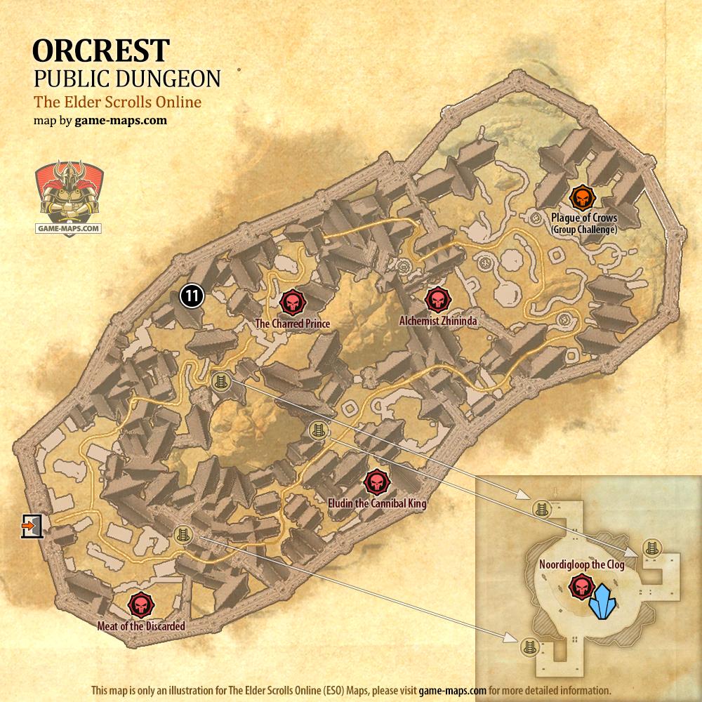 Map of Orcrest Public Dungeon located in Northern Elsweyr ESO with Skyshard and Bosses.