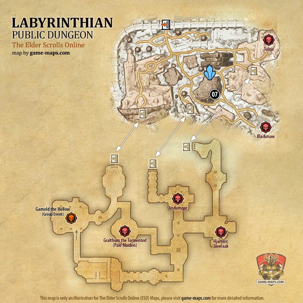 Map of Labyrinthian Public Dungeon located in Western Skyrim ESO with Skyshard and Bosses.