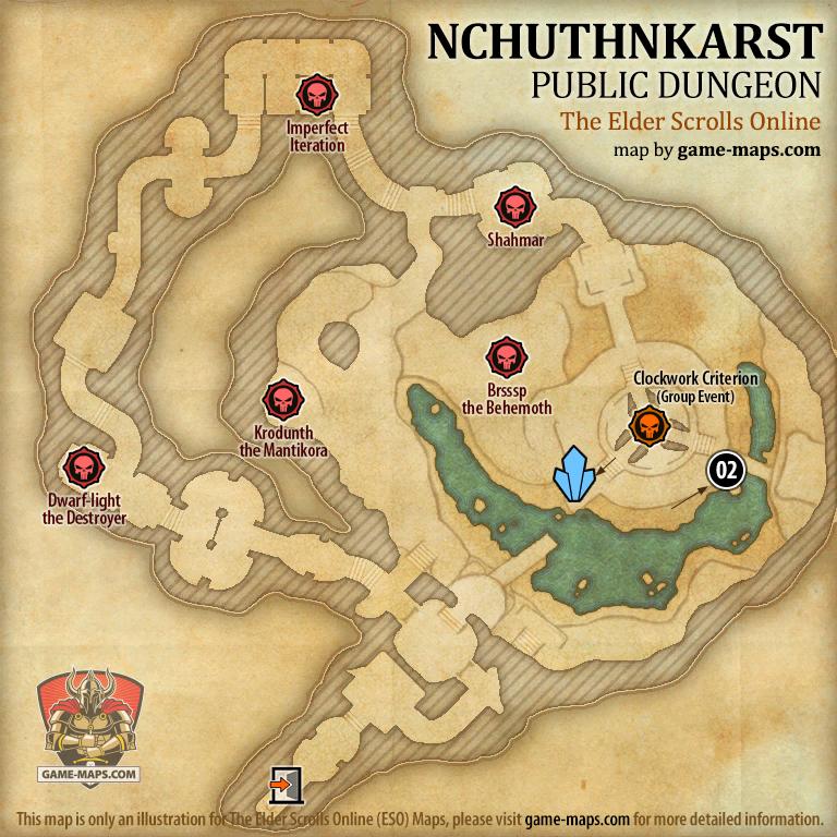 Map of Nchuthnkarst Public Dungeon located in Blackreach:GC ESO with Skyshard and Bosses.