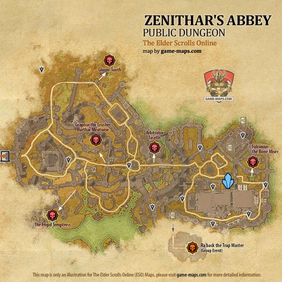 Map of Zenithar's Abbey Public Dungeon located in Blackwood ESO with Skyshard and Bosses.