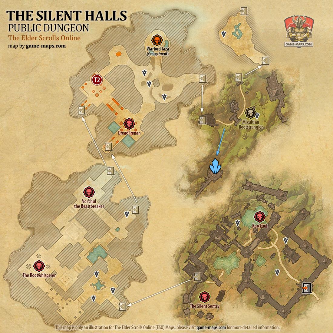 Map of The Silent Halls Public Dungeon located in Blackwood ESO with Skyshard and Bosses.