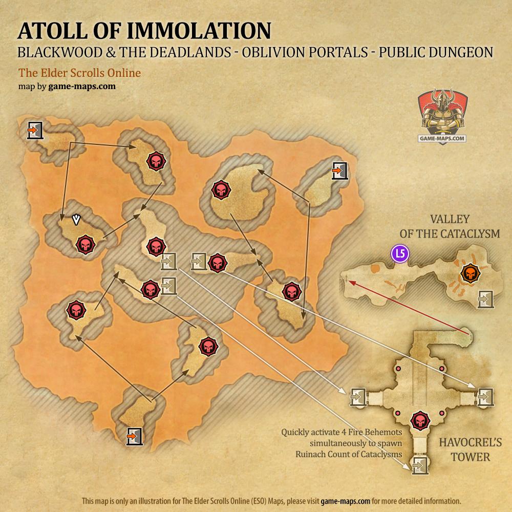 Map of Atoll of Immolation Public Dungeon located in The Deadlands ESO with Skyshard and Bosses.