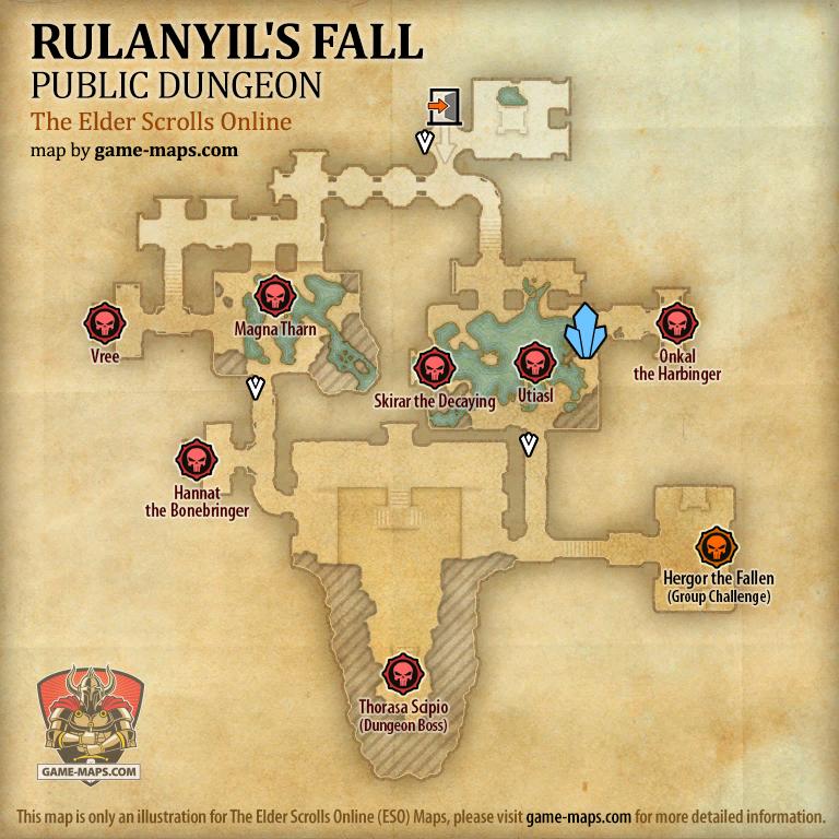 Map of Rulanyil's Fall Public Dungeon located in Greenshade ESO with Skyshard and Bosses.