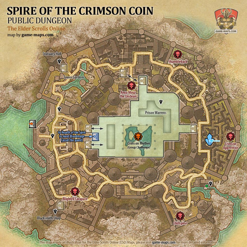 Map of Spire of the Crimson Coin Public Dungeon located in High Isle ESO with Skyshard and Bosses.