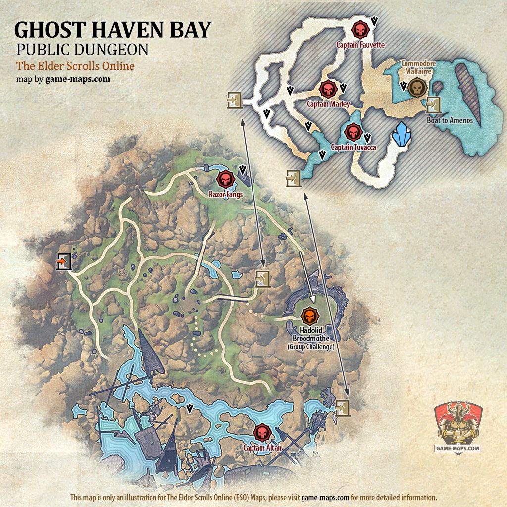 Map of Ghost Haven Bay Public Dungeon located in High Isle ESO with Skyshard and Bosses.