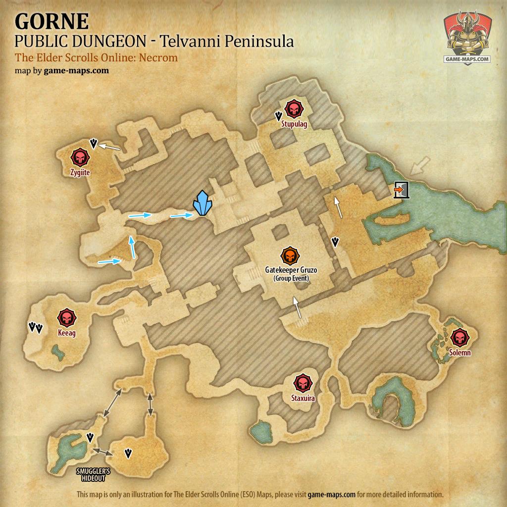 Map of Gorne Public Dungeon located in Telvanni Peninsula ESO with Skyshard and Bosses.