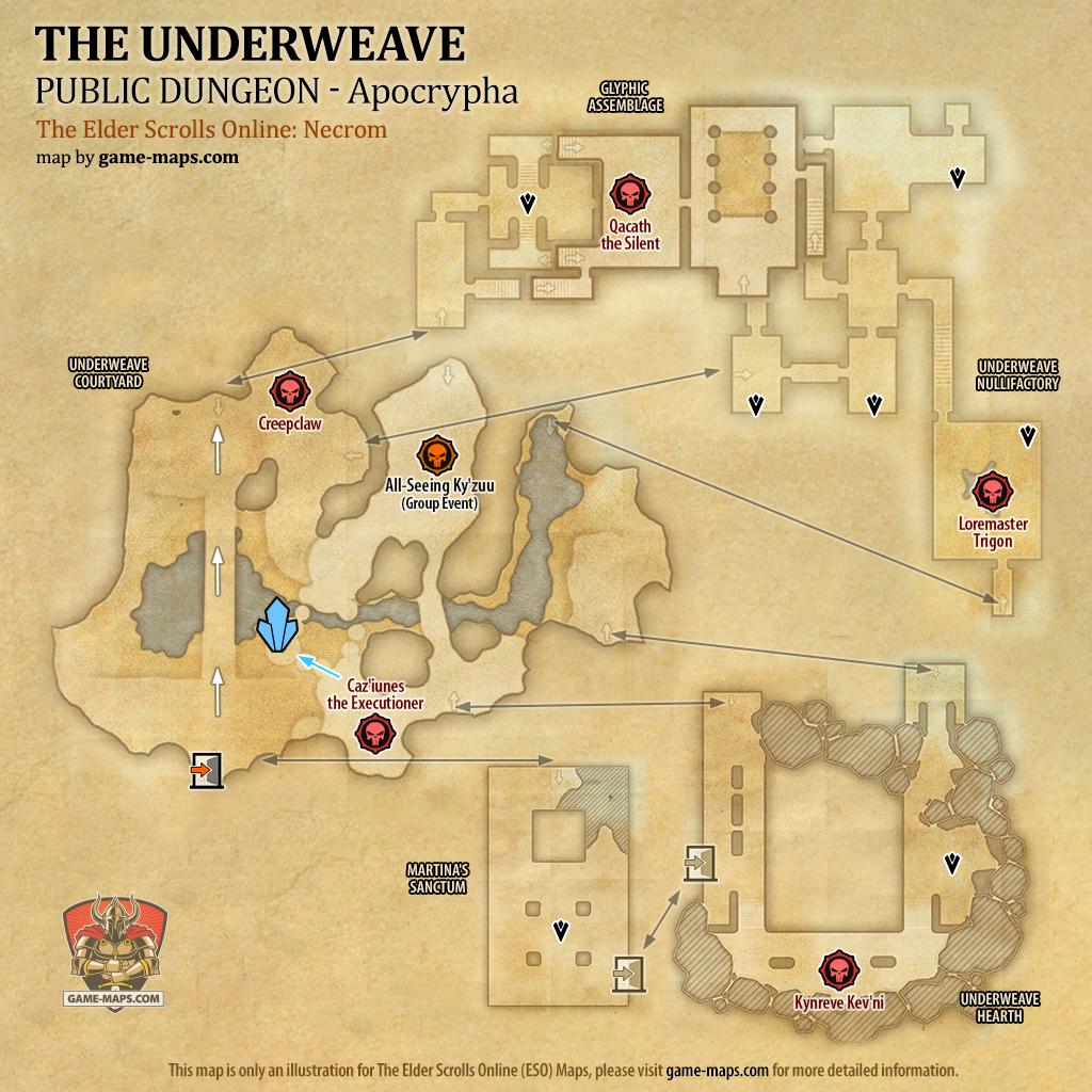 Map of The Underweave Public Dungeon located in Apocrypha ESO with Skyshard and Bosses.