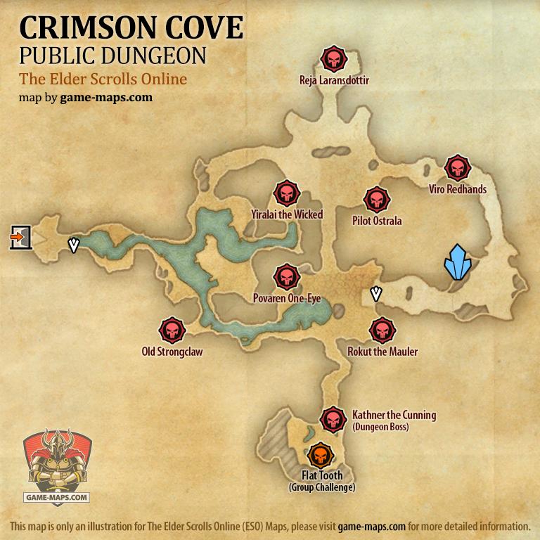 Map of Crimson Cove Public Dungeon located in Malabal Tor ESO with Skyshard and Bosses.