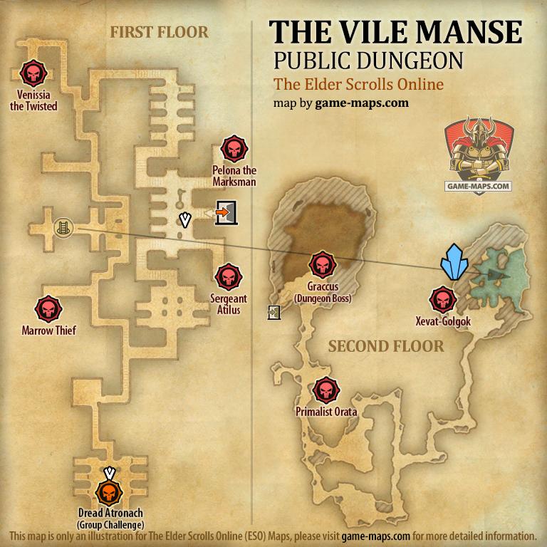 Map of The Vile Manse Public Dungeon located in Reaper's March ESO with Skyshard and Bosses.