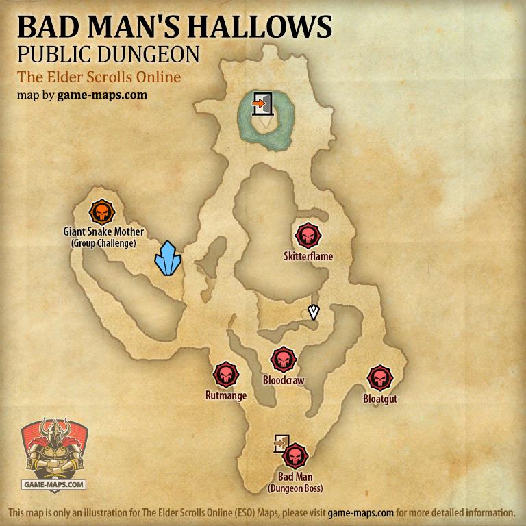 Map of Bad Man's Hallows Public Dungeon located in Glenumbra ESO with Skyshard and Bosses.