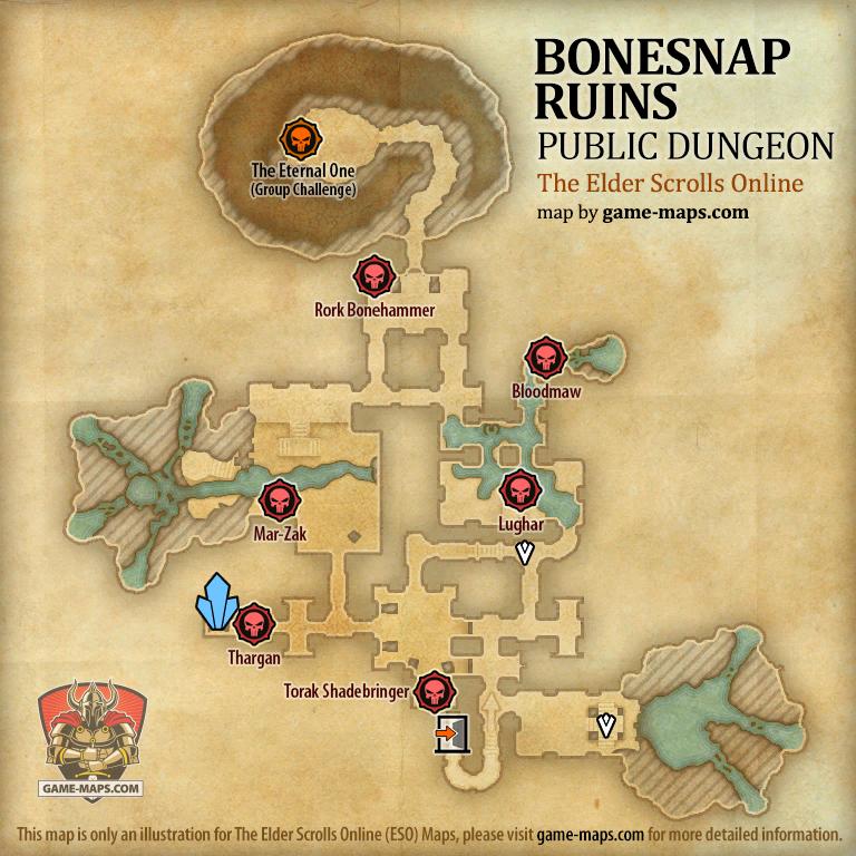 Map of Bonesnap Ruins Public Dungeon located in Stormhaven ESO with Skyshard and Bosses.