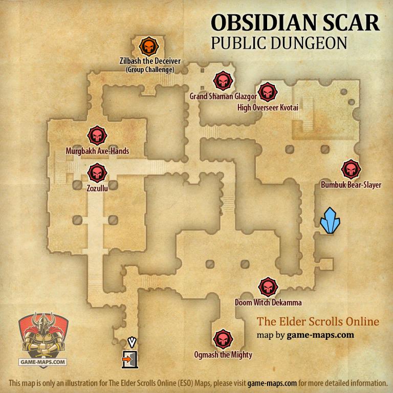 Map of Obsidian Scar Public Dungeon located in Rivenspire ESO with Skyshard and Bosses.