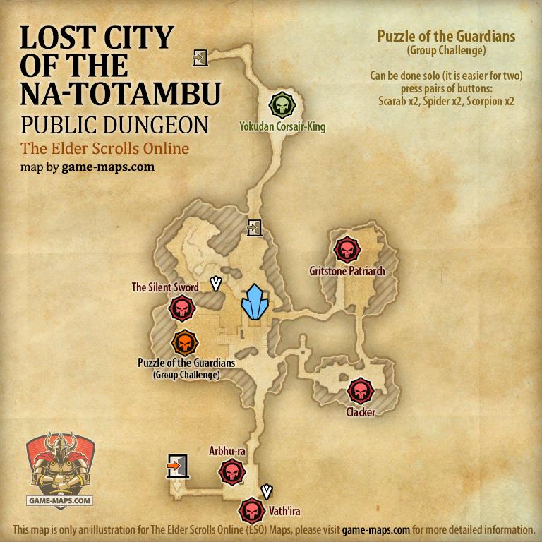 Map of Lost City of the Na-Totambu Public Dungeon located in Alik'r Desert ESO with Skyshard and Bosses.