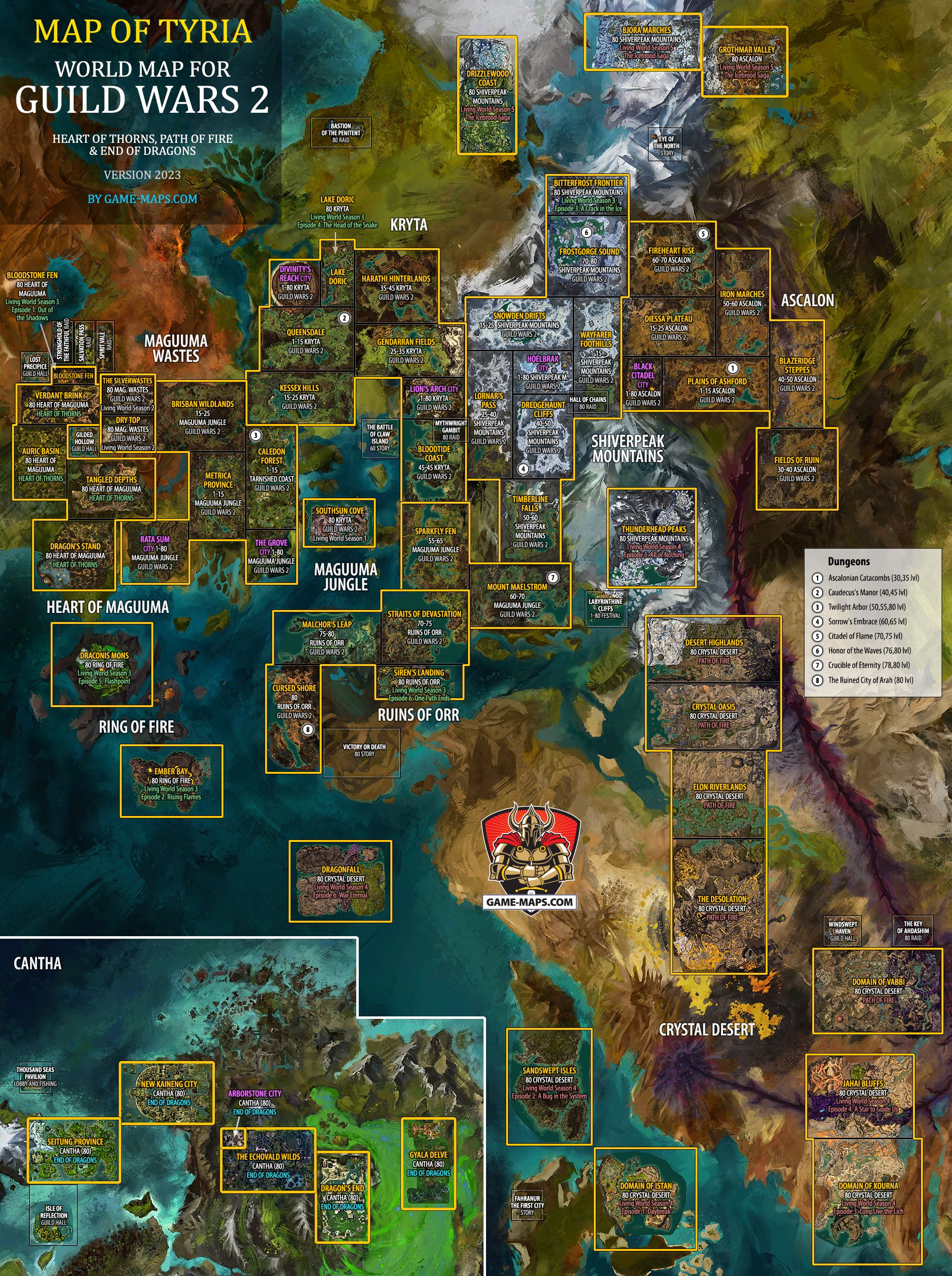 2 Maps Map of Tyria Continent, 1-80 lvl, Guild Wars 2.
