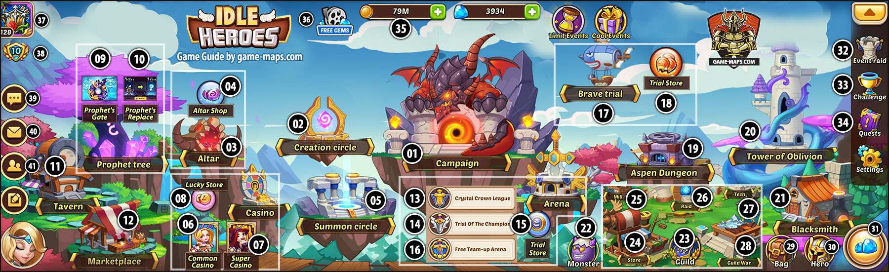 Idle Heroes main screen interface.