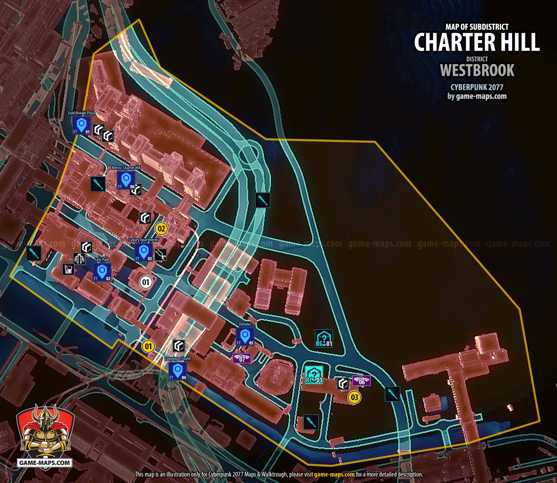 Map of Charter Hill in Westbrook District for Cyberpunk 2077 Charter Hill Map in Westbrook District - Cyberpunk 2077