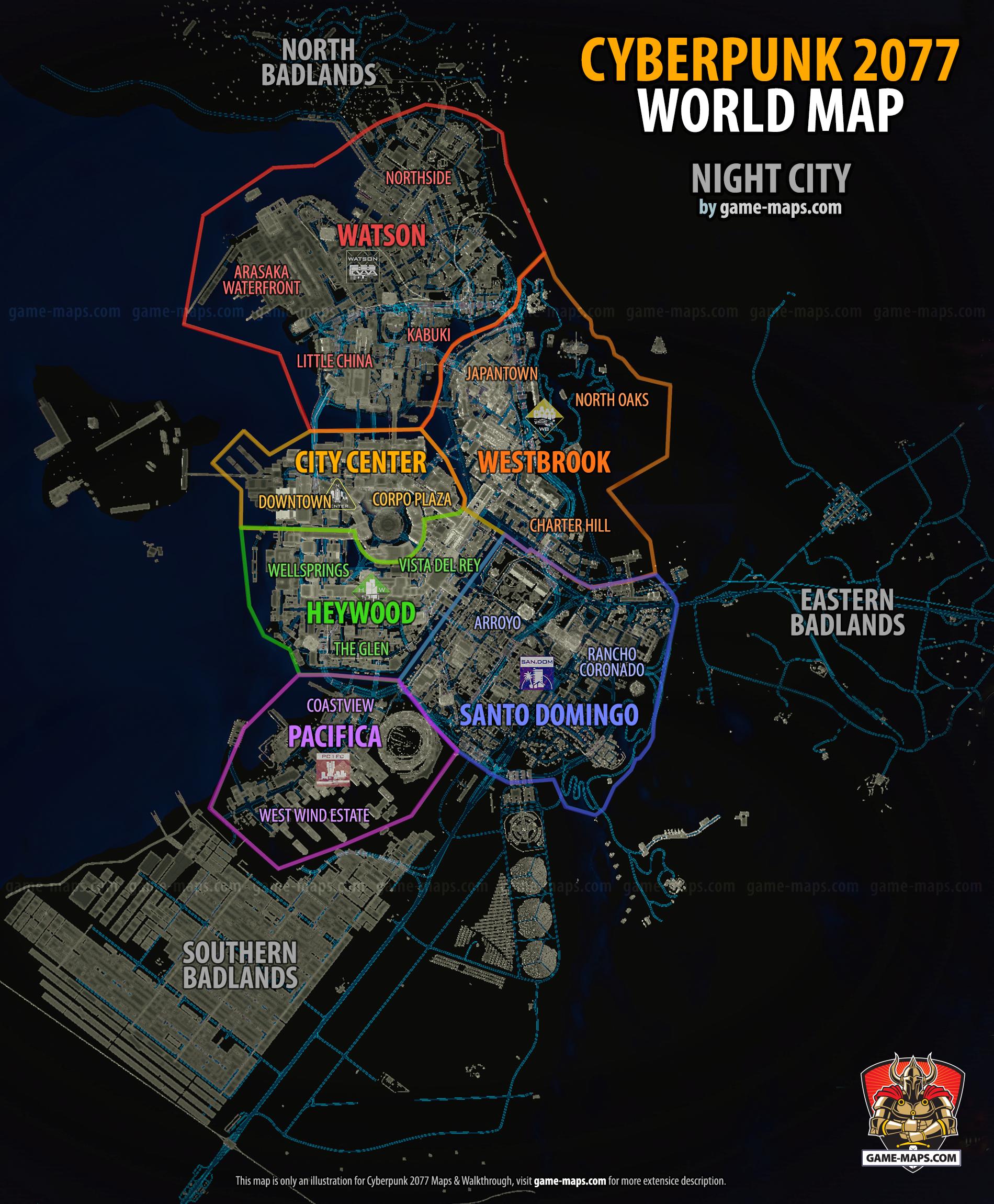 Full World Map for Cyberpunk 2077, Districts and Subdistricts of Night City.