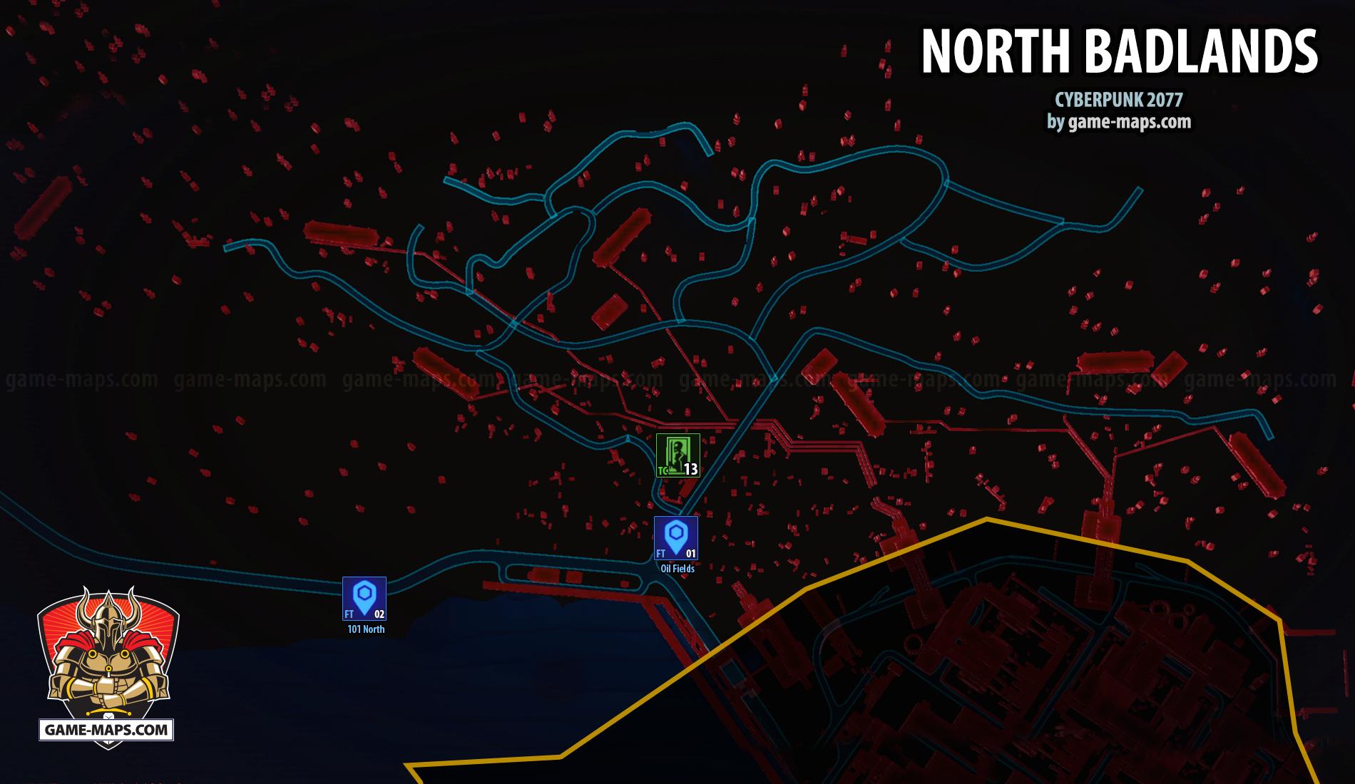 Map of North Badlands in Badlands District for Cyberpunk 2077 North Badlands Map in Badlands District - Cyberpunk 2077