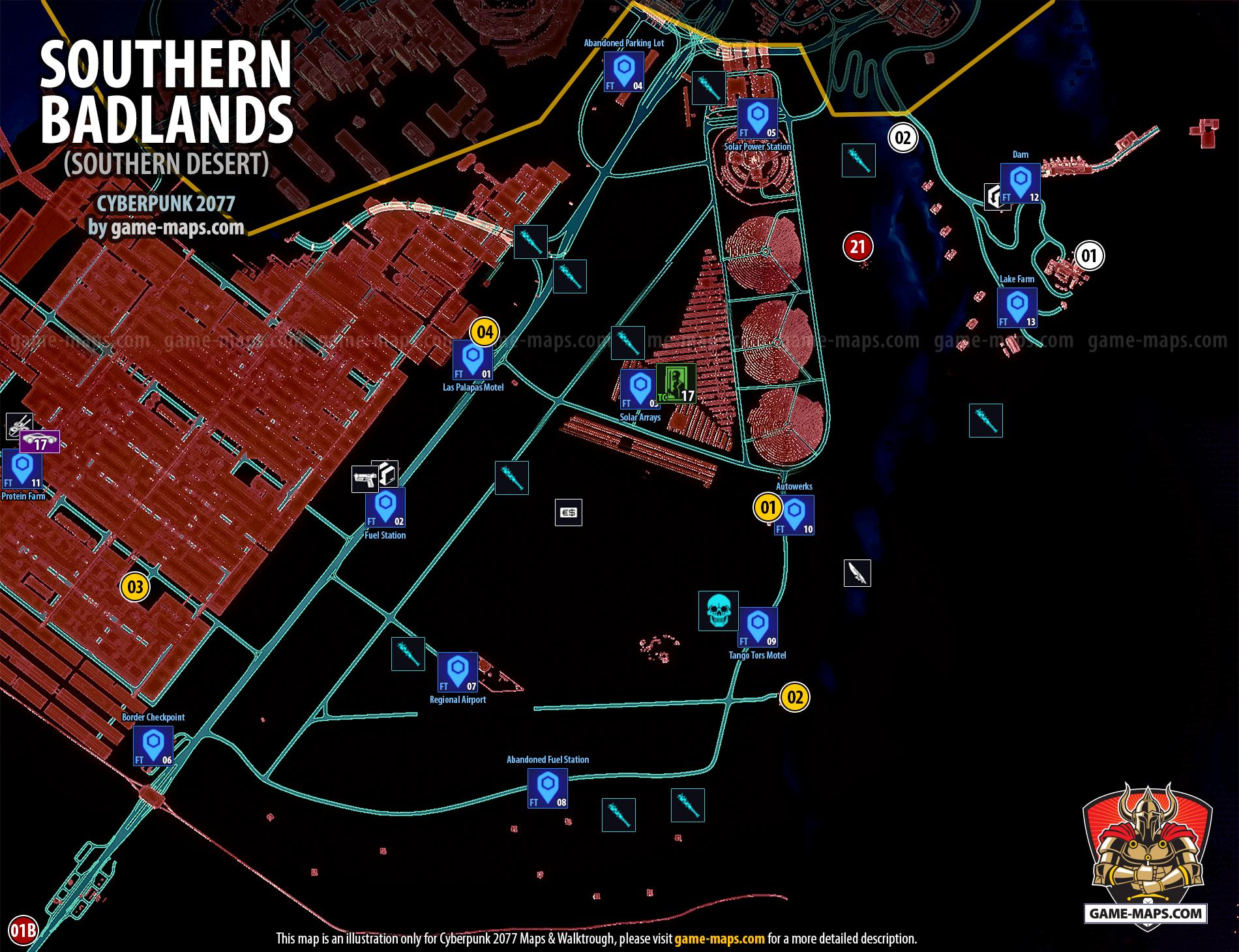 Map of Southern Badlands in Badlands District for Cyberpunk 2077 Southern Badlands Map in Badlands District - Cyberpunk 2077