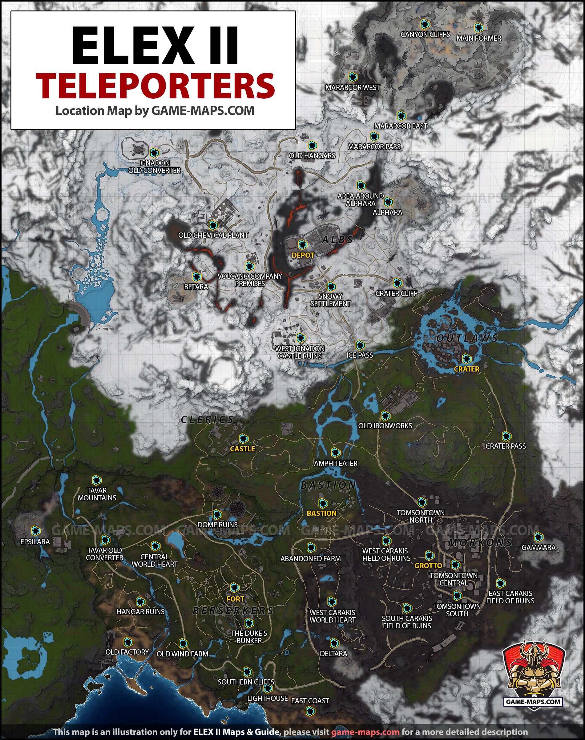 Map for ELEX II with location of Teleporters