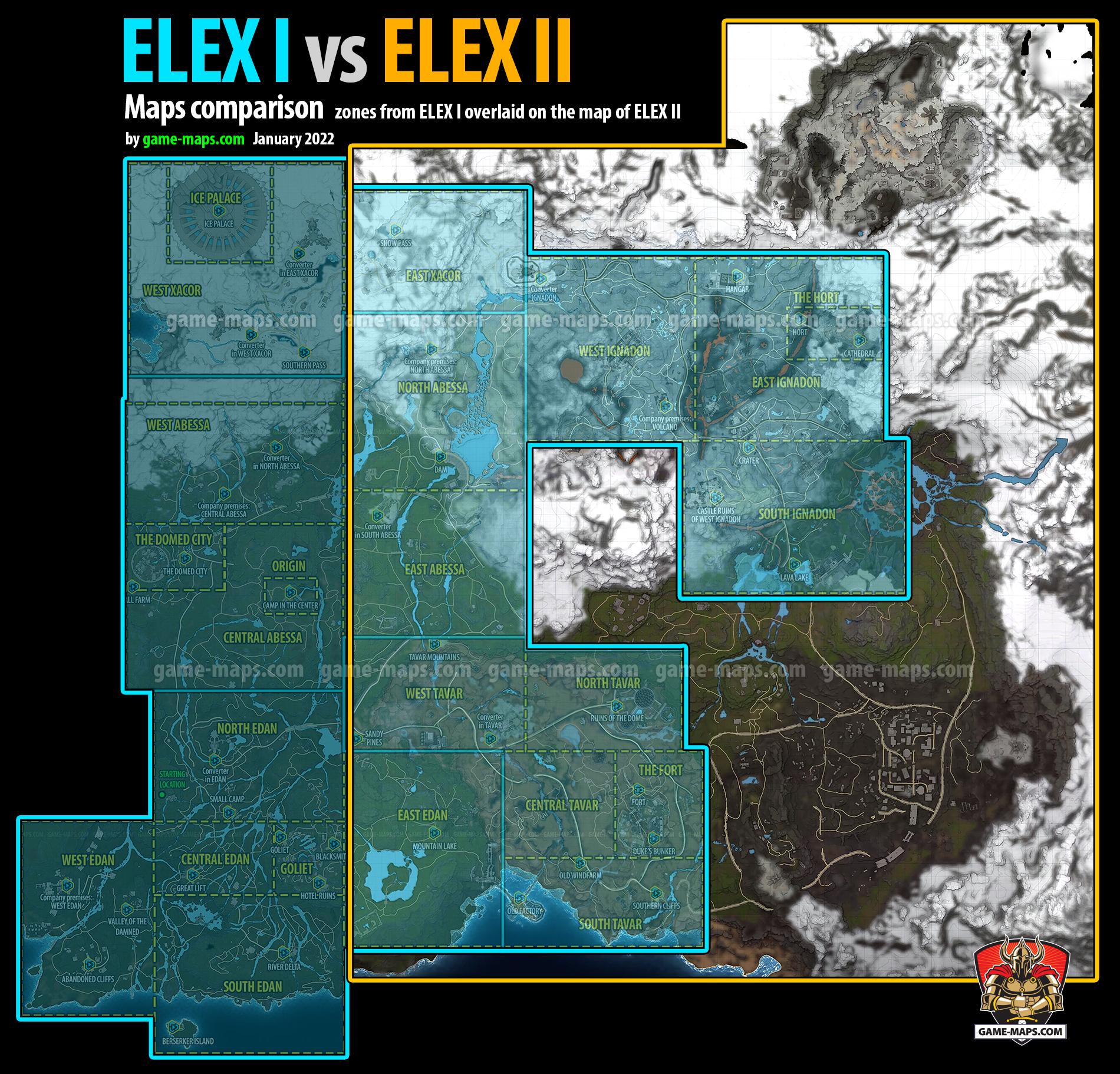 Compare the size of the play area of ELEX I to ELEX II map
