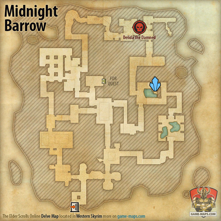 ESO Midnight Barrow Delve Map with Skyshard and Boss location in Blackreach: Greymoor Caverns