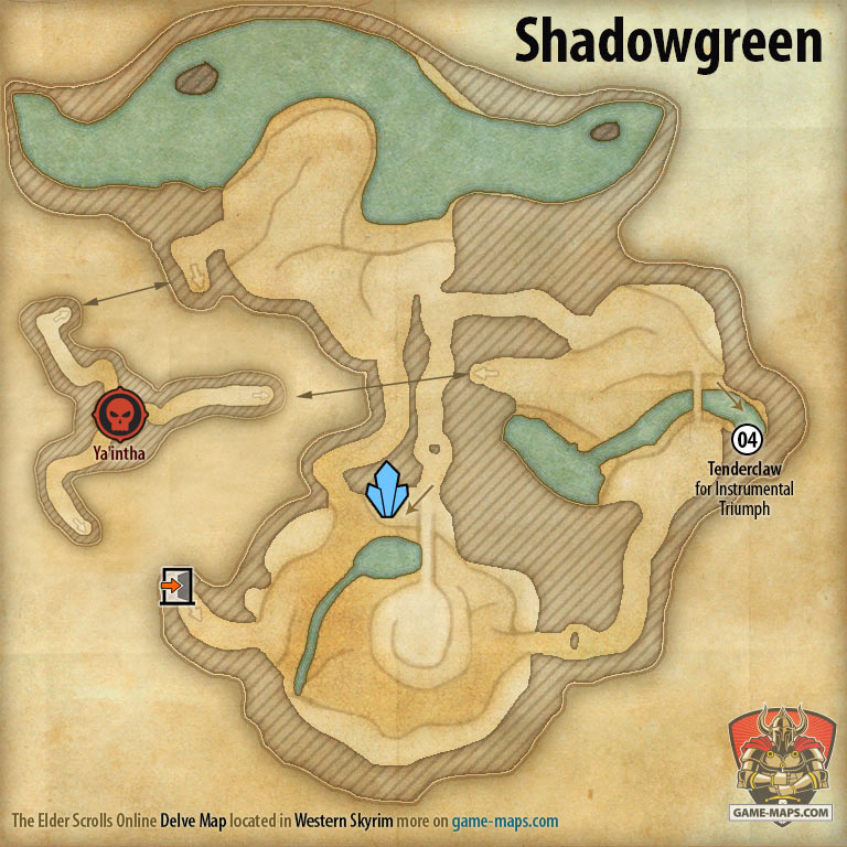 ESO Shadowgreen Delve Map with Skyshard and Boss location in Western Skyrim