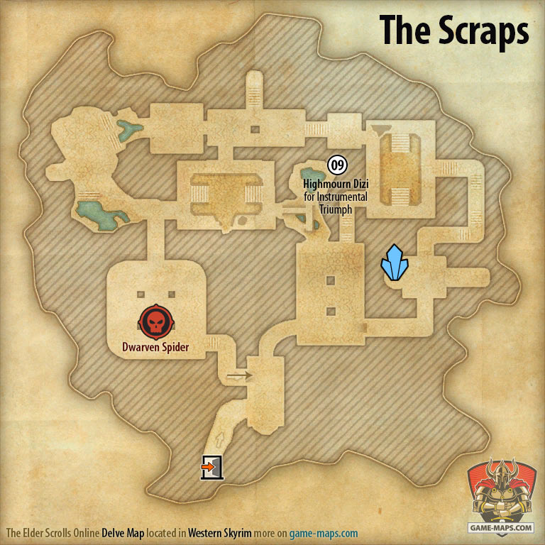 The Scraps Delve Map with Skyshard and Boss locations ESO