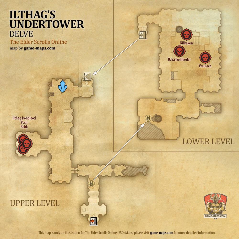 ESO Ilthag's Undertower Delve Map with Skyshard and Boss location in Craglorn