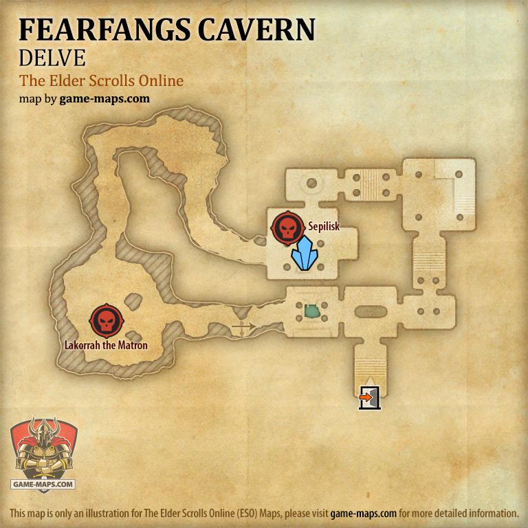 ESO Fearfangs Cavern Delve Map with Skyshard and Boss location in Craglorn