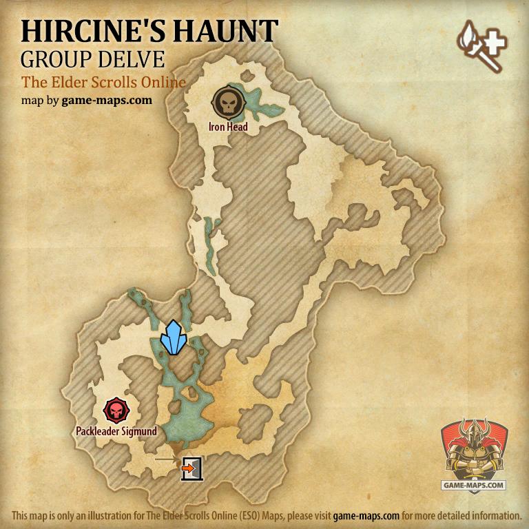 ESO Hircine's Haunt Delve Map with Skyshard and Boss location in Craglorn (Group)