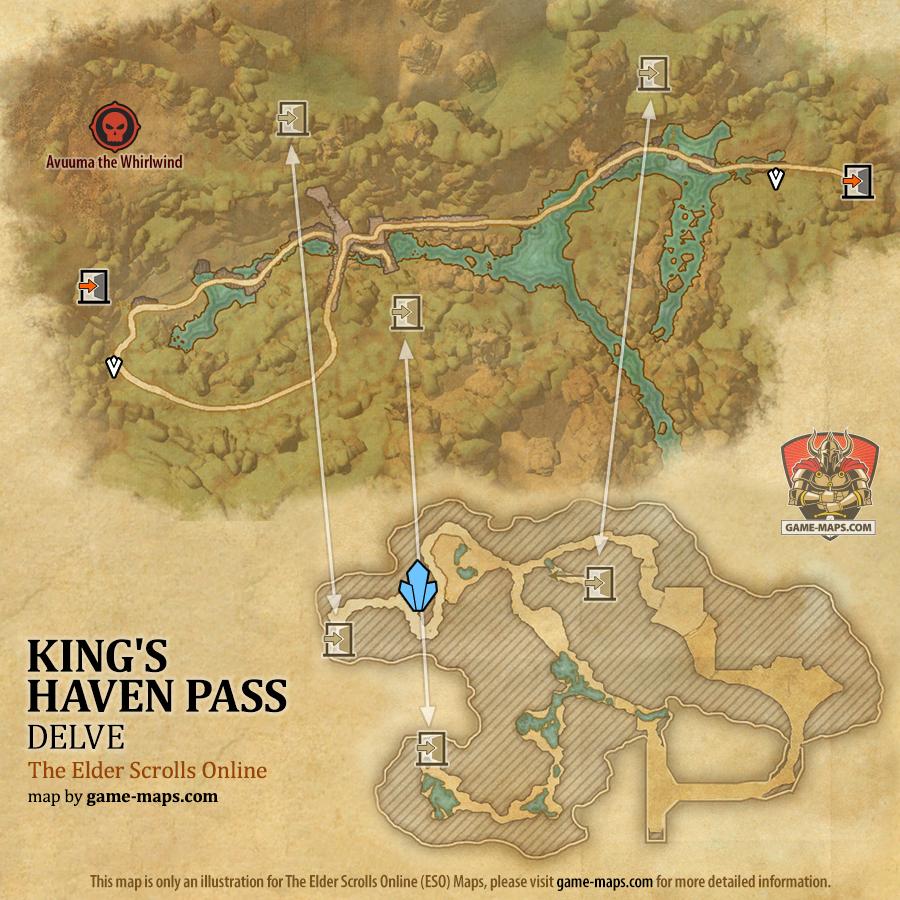 ESO King's Haven Pass Delve Map with Skyshard and Boss location in Summerset