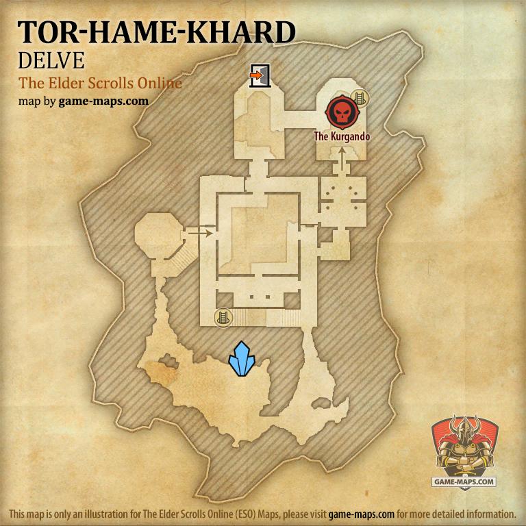 ESO Tor-Hame-Khard Delve Map with Skyshard and Boss location in Summerset