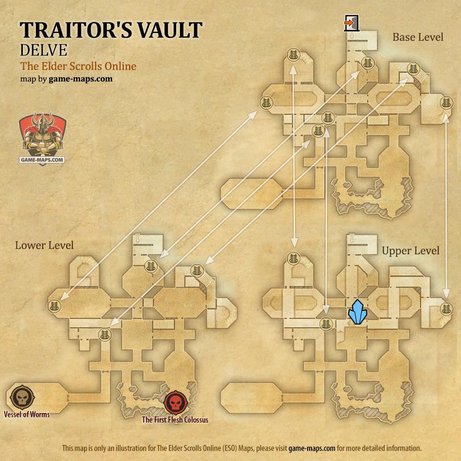 ESO Traitor's Vault Delve Map with Skyshard and Boss location in Artaeum