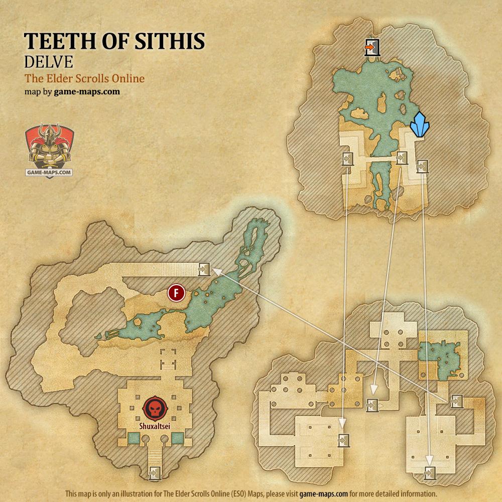 ESO Teeth of Sithis Delve Map with Skyshard and Boss location in Murkmire