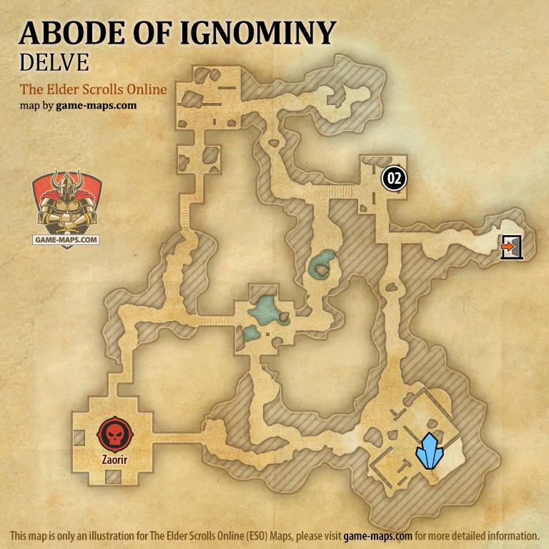 ESO Abode of Ignominy Delve Map with Skyshard and Boss location in Northern Elsweyr