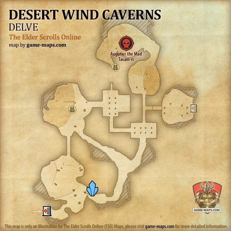 ESO Desert Wind Caverns Delve Map with Skyshard and Boss location in Northern Elsweyr