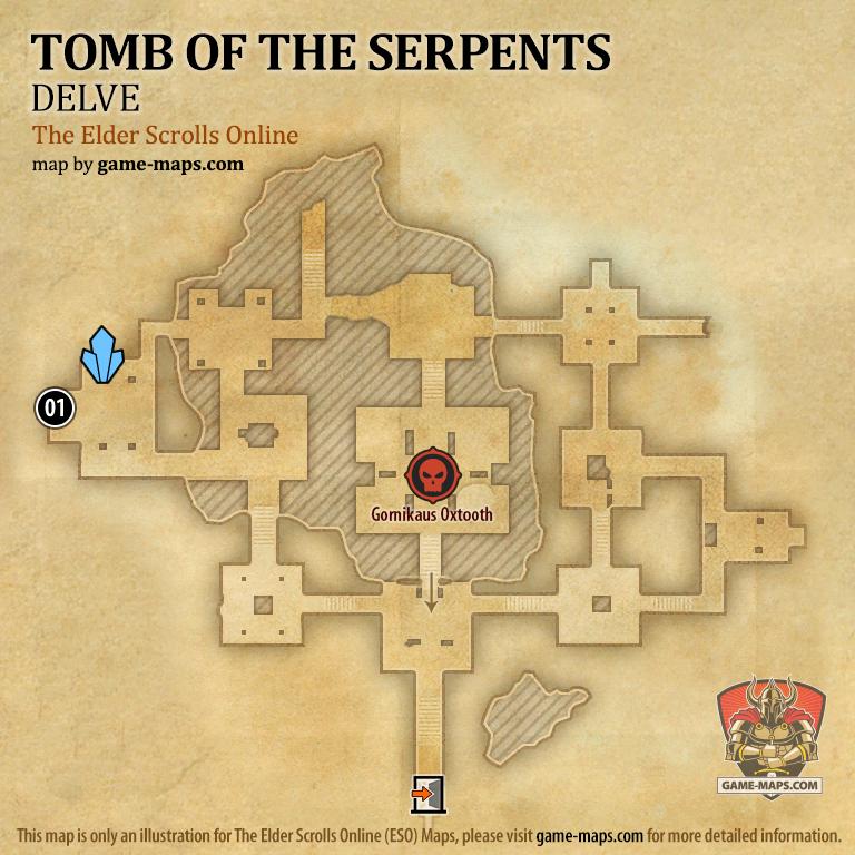 ESO Tomb of the Serpents Delve Map with Skyshard and Boss location in Northern Elsweyr