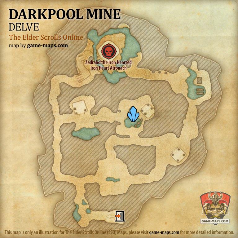 ESO Darkpool Mine Delve Map with Skyshard and Boss location in Northern Elsweyr