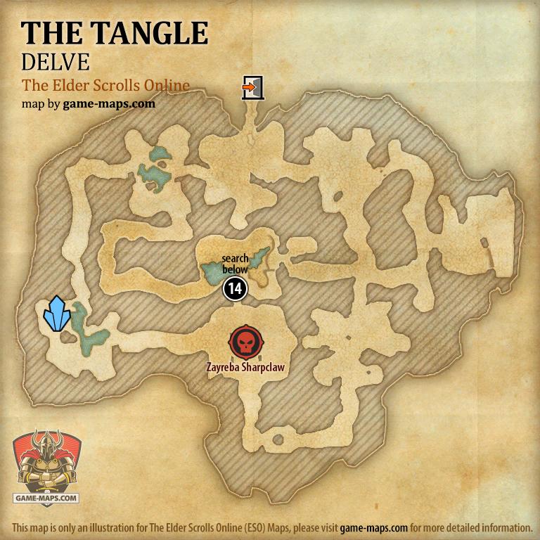 ESO The Tangle Delve Map with Skyshard and Boss location in Northern Elsweyr
