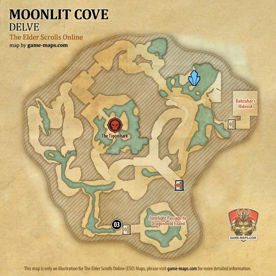 ESO Moonlit Cove Delve Map with Skyshard and Boss location in Southern Elsweyr