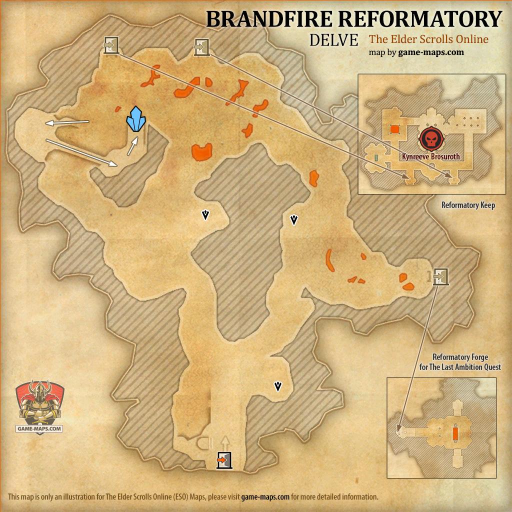 ESO Brandfire Reformatory Delve Map with Skyshard and Boss location in The Deadlands