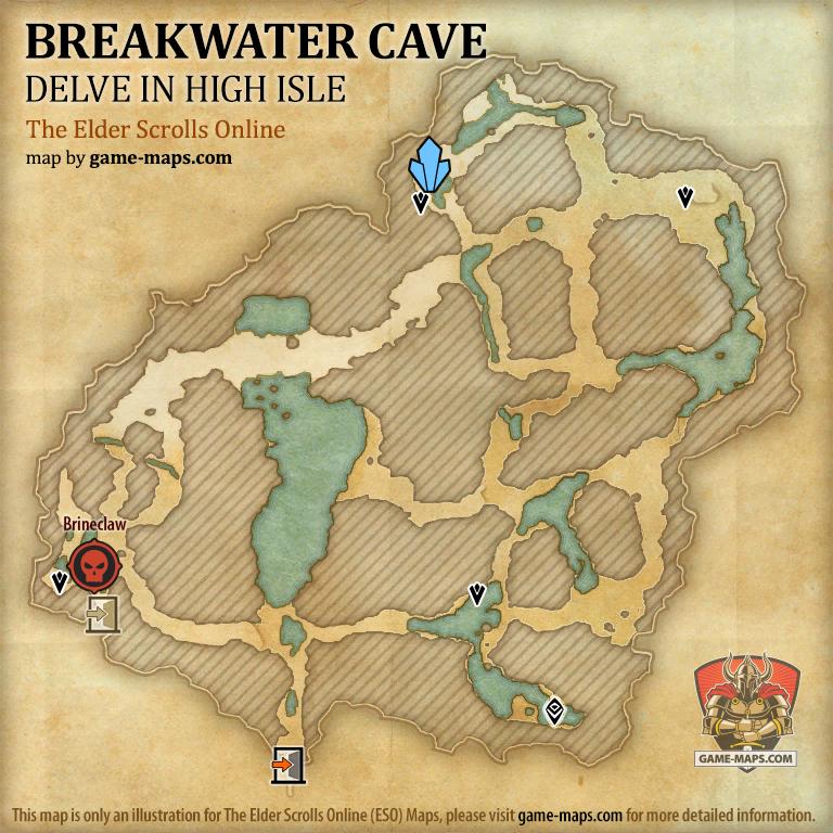 ESO Breakwater Cave Delve Map with Skyshard and Boss location in High Isle & Amenos