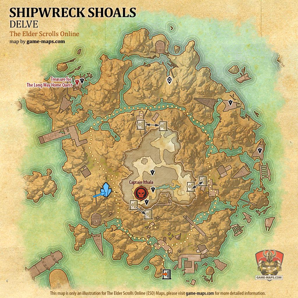 ESO Shipwreck Shoals Delve Map with Skyshard and Boss location in High Isle & Amenos