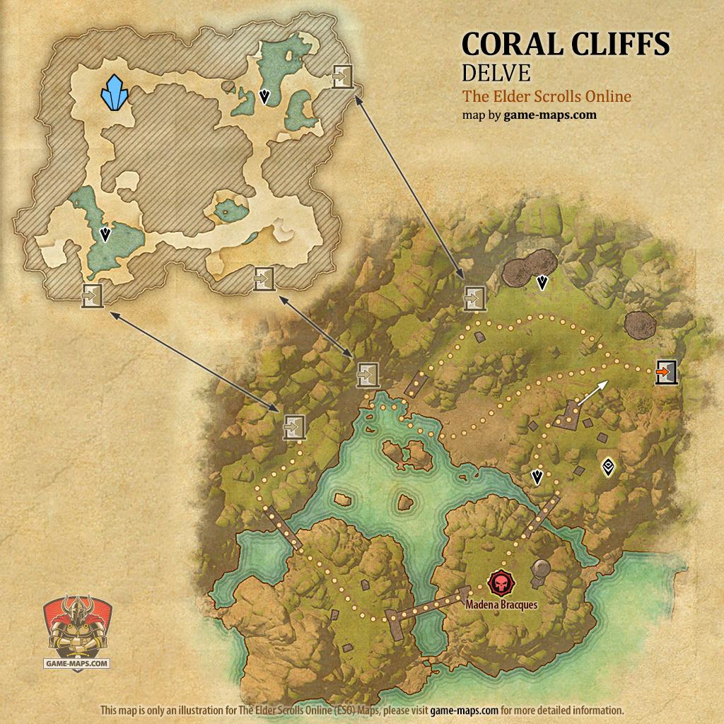 ESO Coral Cliffs Delve Map with Skyshard and Boss location in High Isle & Amenos