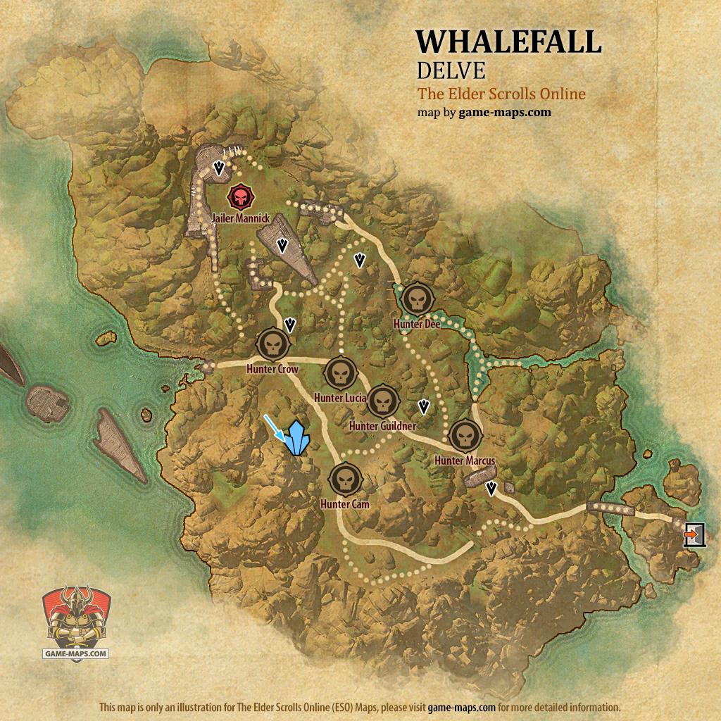 ESO Whalefall Delve Map with Skyshard and Boss location in High Isle & Amenos