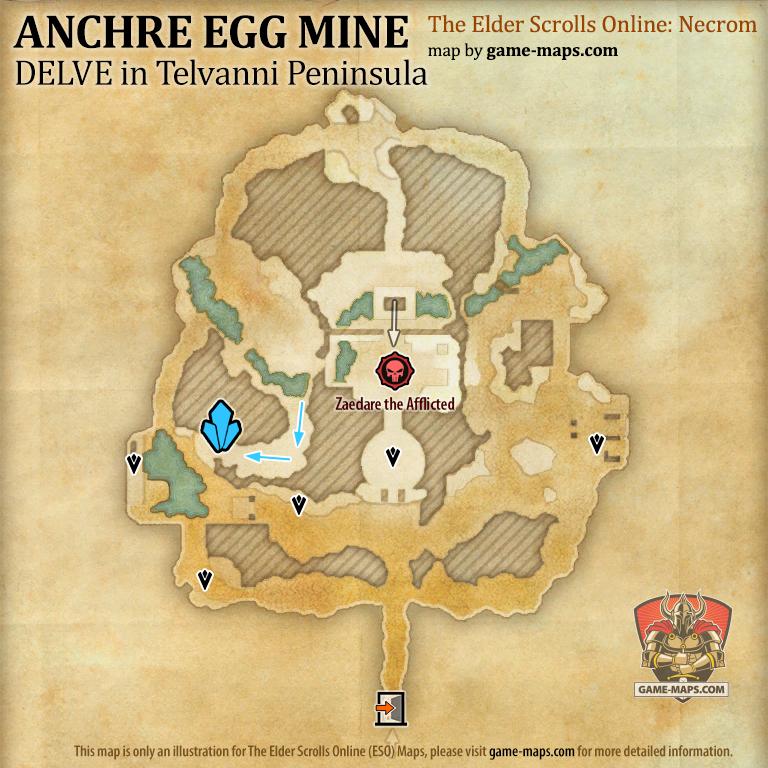 ESO Anchre Egg Mine Delve Map with Skyshard and Boss location in Telvanni Peninsula (Necrom)
