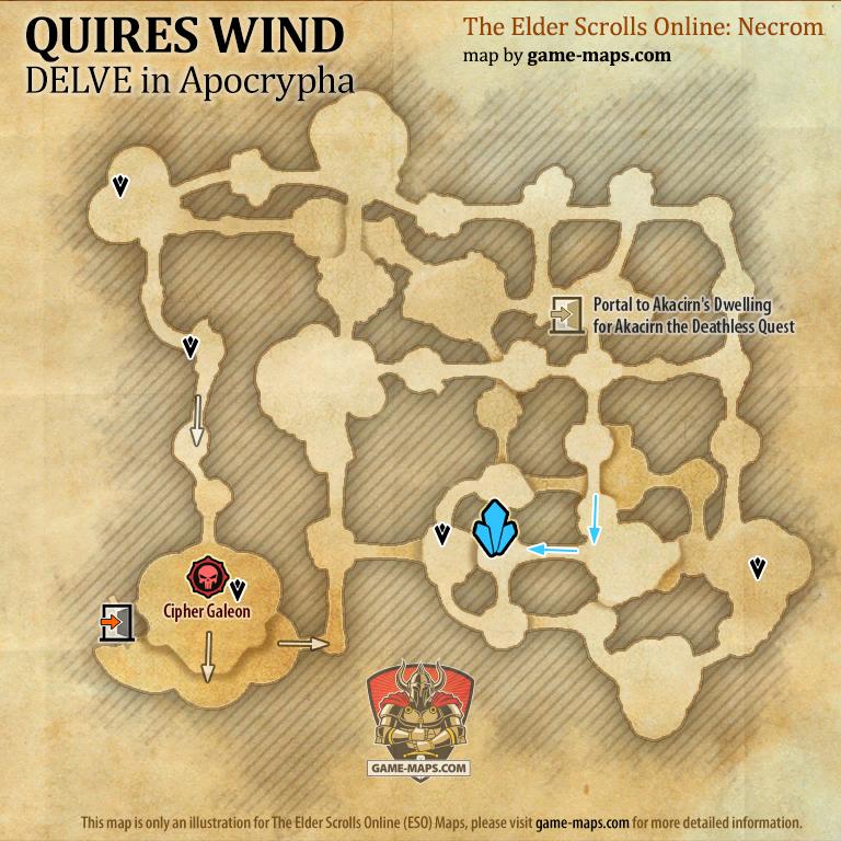ESO Quires Wind Delve Map with Skyshard and Boss location in Apocrypha (Necrom)